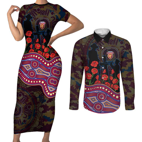 Brisbane Lions ANZAC Day Couples Matching Short Sleeve Bodycon Dress and Long Sleeve Button Shirt Indigenous Dot Art with Poppy Flower Tribute