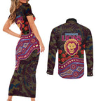 Brisbane Lions ANZAC Day Couples Matching Short Sleeve Bodycon Dress and Long Sleeve Button Shirt Indigenous Dot Art with Poppy Flower Tribute