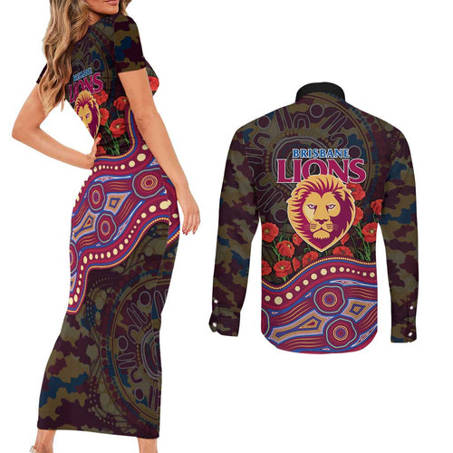 Brisbane Lions ANZAC Day Couples Matching Short Sleeve Bodycon Dress and Long Sleeve Button Shirt Indigenous Dot Art with Poppy Flower Tribute