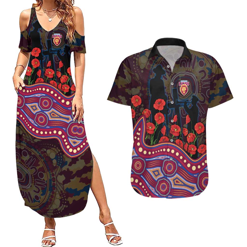 Brisbane Lions ANZAC Day Couples Matching Summer Maxi Dress and Hawaiian Shirt Indigenous Dot Art with Poppy Flower Tribute