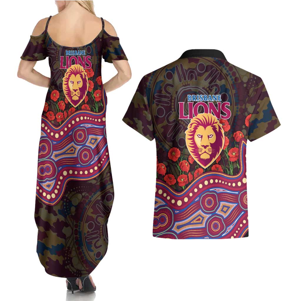 Brisbane Lions ANZAC Day Couples Matching Summer Maxi Dress and Hawaiian Shirt Indigenous Dot Art with Poppy Flower Tribute