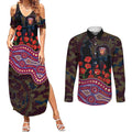 Brisbane Lions ANZAC Day Couples Matching Summer Maxi Dress and Long Sleeve Button Shirt Indigenous Dot Art with Poppy Flower Tribute