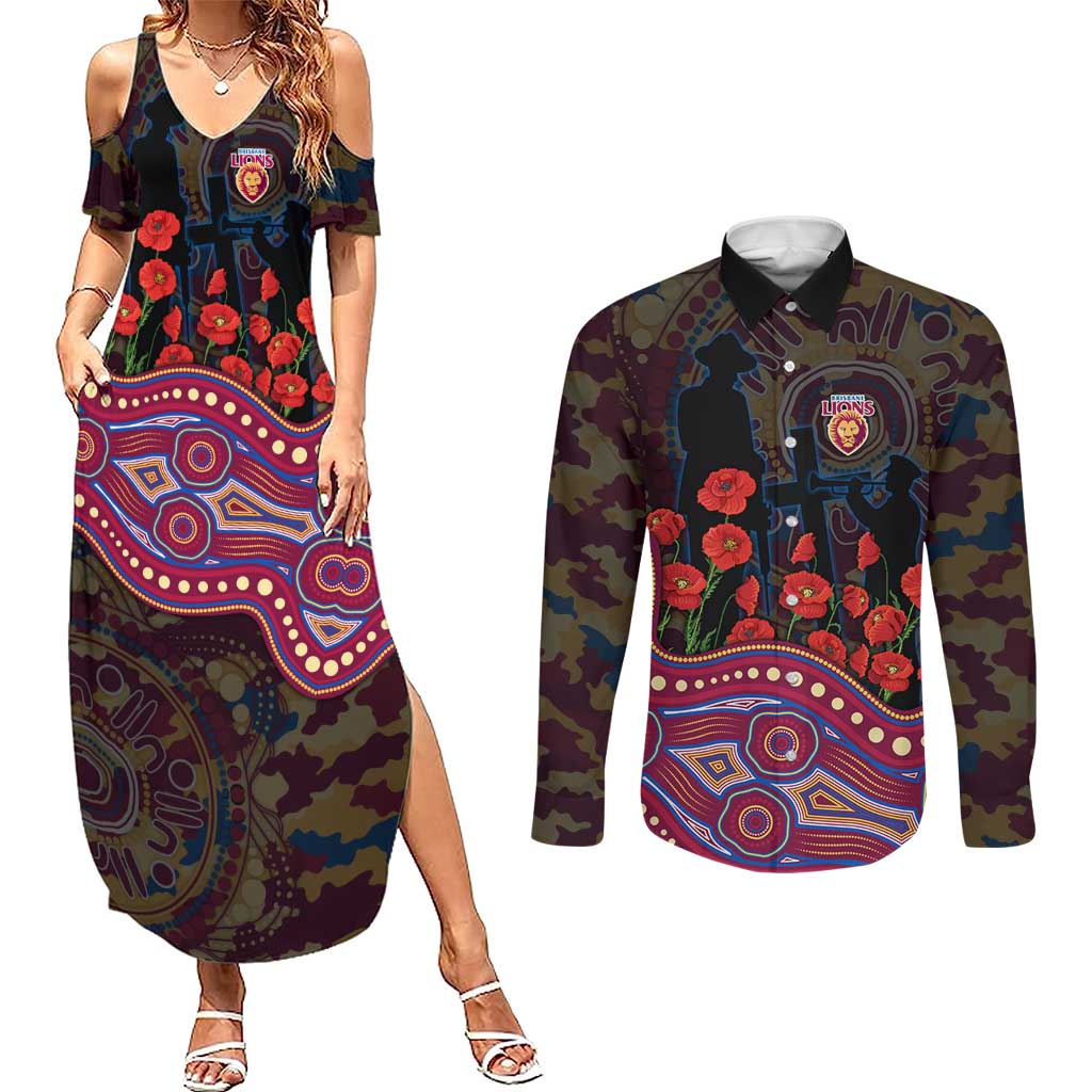 Brisbane Lions ANZAC Day Couples Matching Summer Maxi Dress and Long Sleeve Button Shirt Indigenous Dot Art with Poppy Flower Tribute