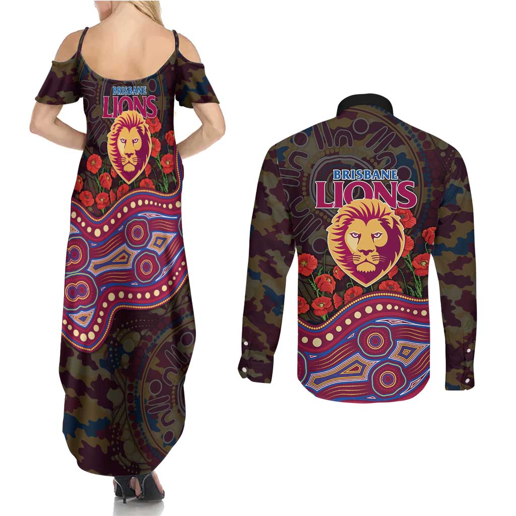Brisbane Lions ANZAC Day Couples Matching Summer Maxi Dress and Long Sleeve Button Shirt Indigenous Dot Art with Poppy Flower Tribute