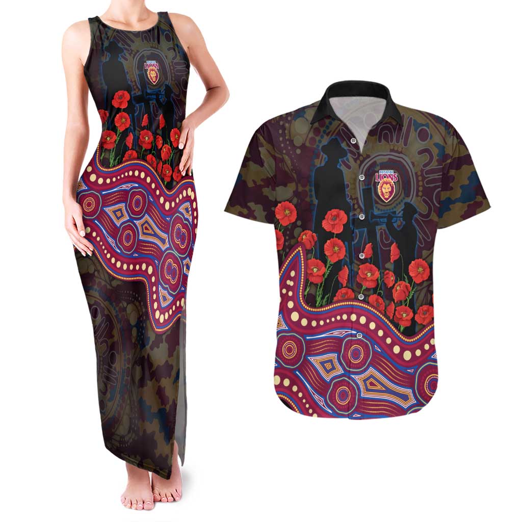 Brisbane Lions ANZAC Day Couples Matching Tank Maxi Dress and Hawaiian Shirt Indigenous Dot Art with Poppy Flower Tribute