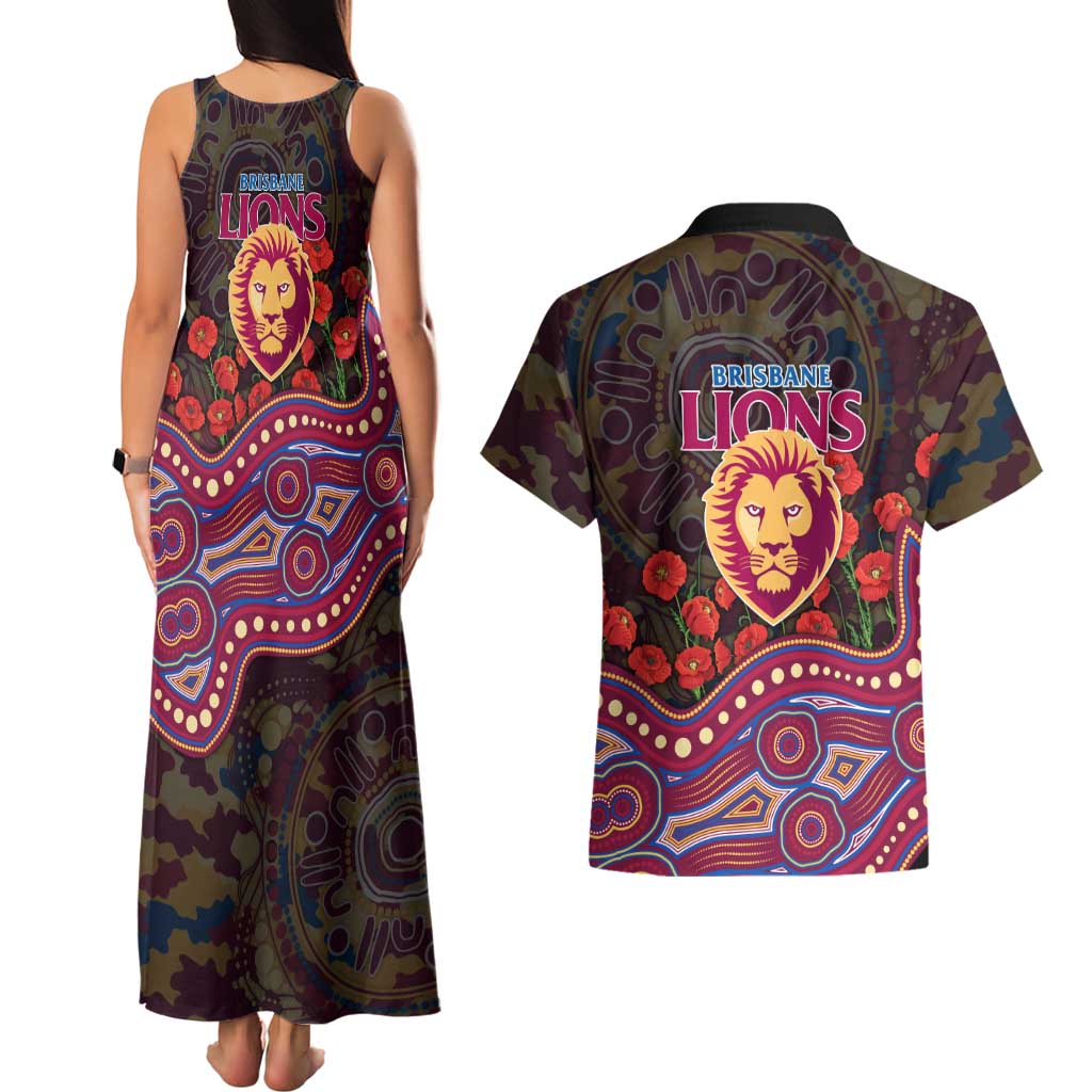 Brisbane Lions ANZAC Day Couples Matching Tank Maxi Dress and Hawaiian Shirt Indigenous Dot Art with Poppy Flower Tribute