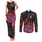 Brisbane Lions ANZAC Day Couples Matching Tank Maxi Dress and Long Sleeve Button Shirt Indigenous Dot Art with Poppy Flower Tribute