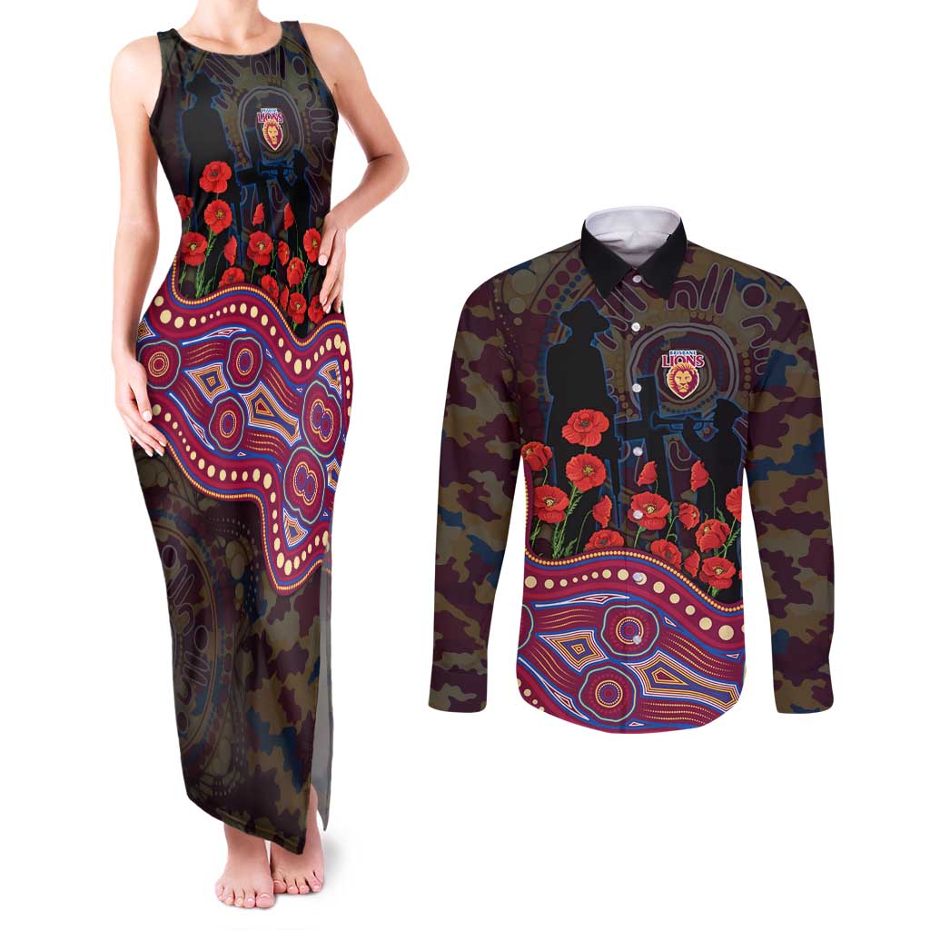Brisbane Lions ANZAC Day Couples Matching Tank Maxi Dress and Long Sleeve Button Shirt Indigenous Dot Art with Poppy Flower Tribute