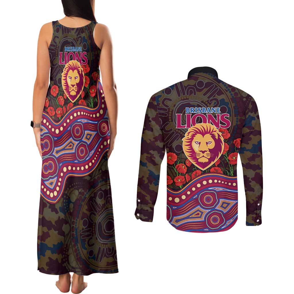 Brisbane Lions ANZAC Day Couples Matching Tank Maxi Dress and Long Sleeve Button Shirt Indigenous Dot Art with Poppy Flower Tribute