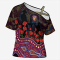 Brisbane Lions ANZAC Day Cross Shoulder Shirt Indigenous Dot Art with Poppy Flower Tribute