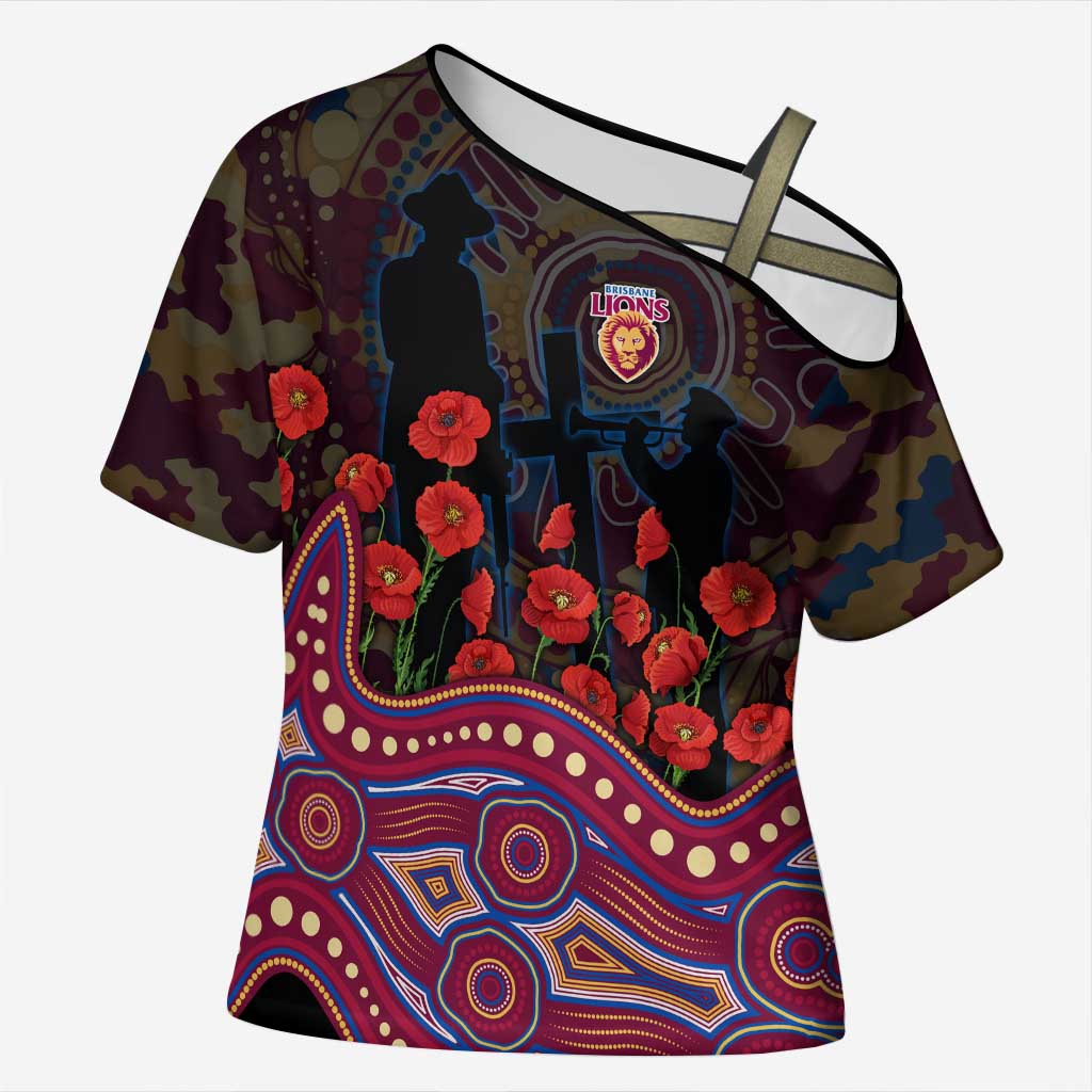 Brisbane Lions ANZAC Day Cross Shoulder Shirt Indigenous Dot Art with Poppy Flower Tribute