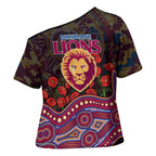 Brisbane Lions ANZAC Day Cross Shoulder Shirt Indigenous Dot Art with Poppy Flower Tribute