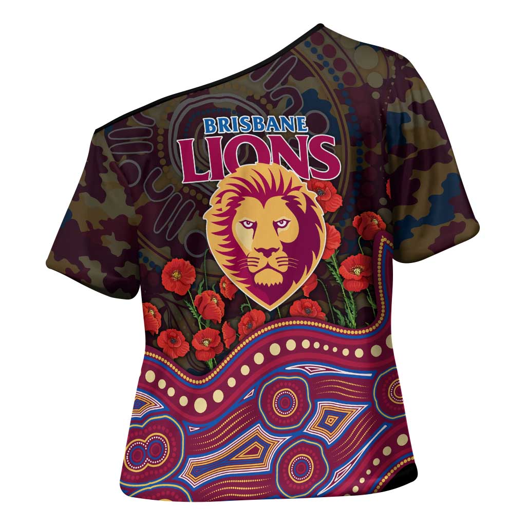 Brisbane Lions ANZAC Day Cross Shoulder Shirt Indigenous Dot Art with Poppy Flower Tribute