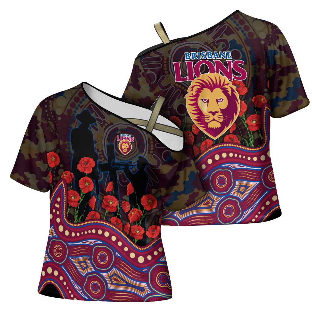 Brisbane Lions ANZAC Day Cross Shoulder Shirt Indigenous Dot Art with Poppy Flower Tribute