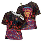 Brisbane Lions ANZAC Day Cross Shoulder Shirt Indigenous Dot Art with Poppy Flower Tribute