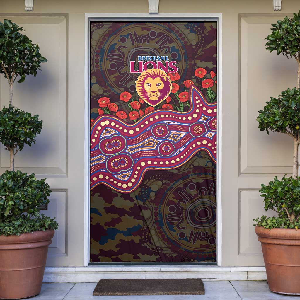 Brisbane Lions ANZAC Day Door Cover Indigenous Dot Art with Poppy Flower Tribute