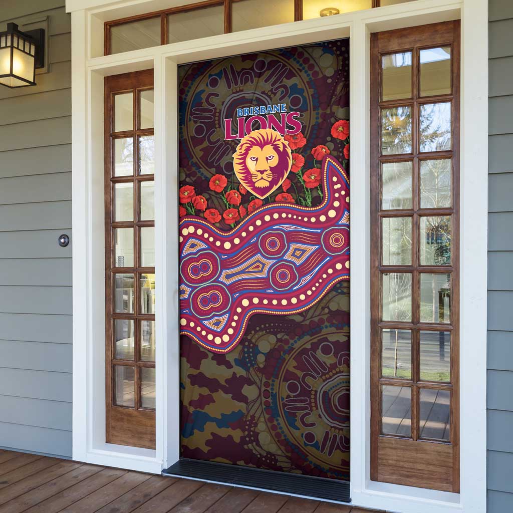Brisbane Lions ANZAC Day Door Cover Indigenous Dot Art with Poppy Flower Tribute