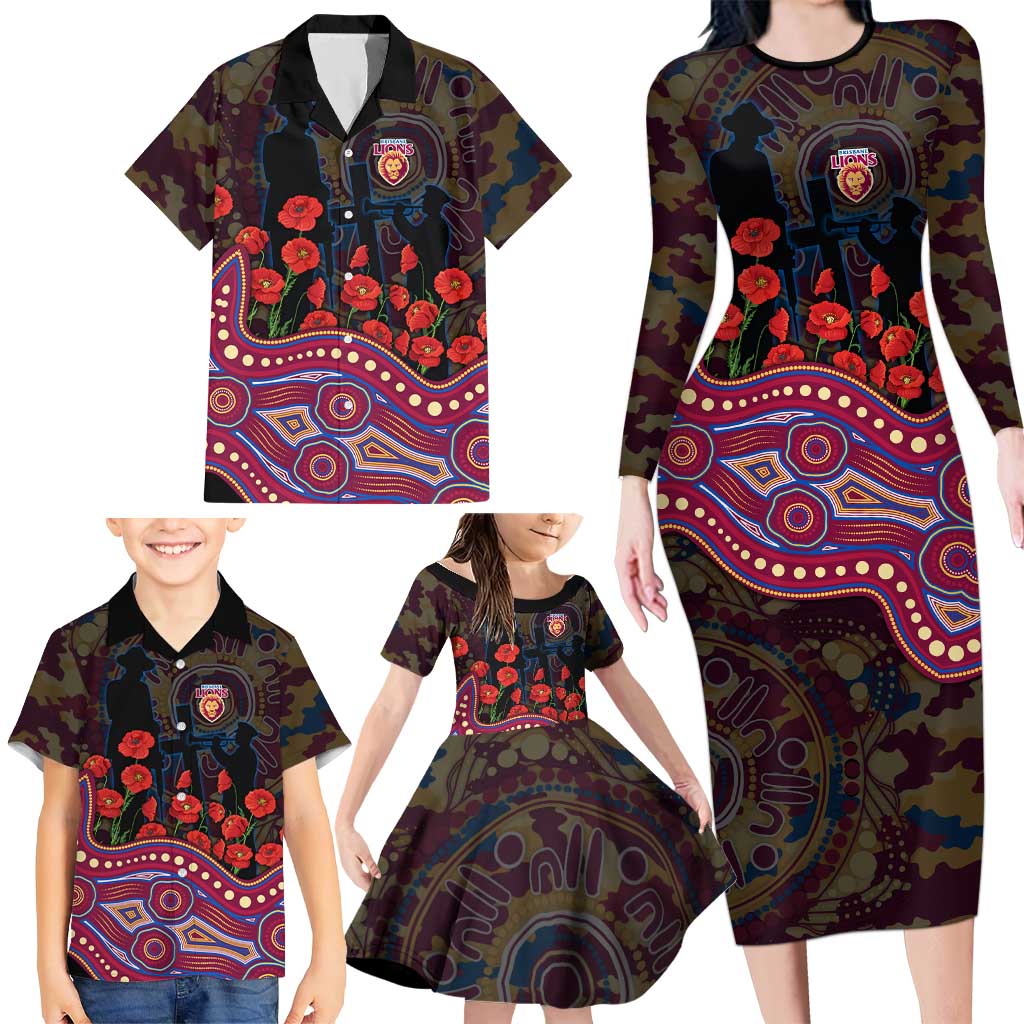 Brisbane Lions ANZAC Day Family Matching Long Sleeve Bodycon Dress and Hawaiian Shirt Indigenous Dot Art with Poppy Flower Tribute