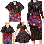 Brisbane Lions ANZAC Day Family Matching Long Sleeve Bodycon Dress and Hawaiian Shirt Indigenous Dot Art with Poppy Flower Tribute