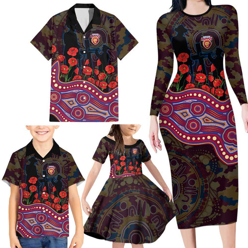 Brisbane Lions ANZAC Day Family Matching Long Sleeve Bodycon Dress and Hawaiian Shirt Indigenous Dot Art with Poppy Flower Tribute