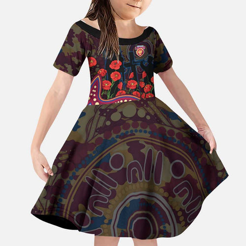 Brisbane Lions ANZAC Day Family Matching Long Sleeve Bodycon Dress and Hawaiian Shirt Indigenous Dot Art with Poppy Flower Tribute