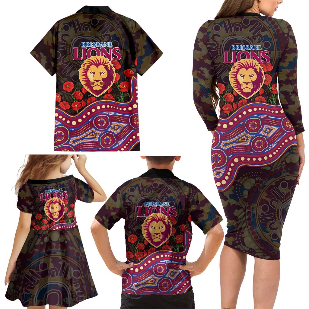 Brisbane Lions ANZAC Day Family Matching Long Sleeve Bodycon Dress and Hawaiian Shirt Indigenous Dot Art with Poppy Flower Tribute