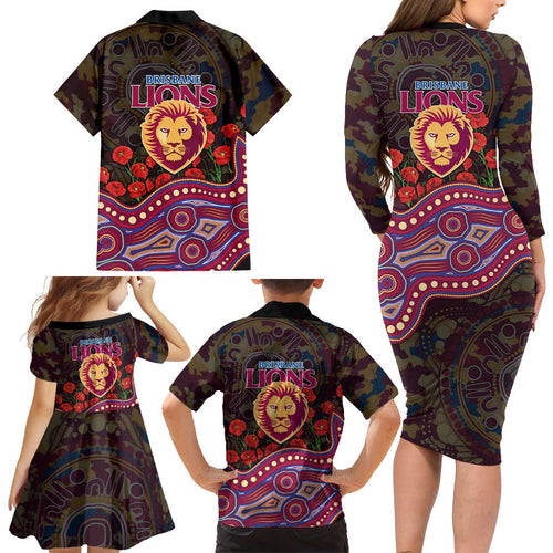 Brisbane Lions ANZAC Day Family Matching Long Sleeve Bodycon Dress and Hawaiian Shirt Indigenous Dot Art with Poppy Flower Tribute