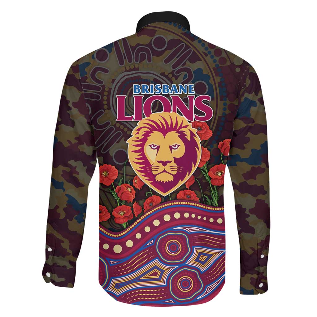 Brisbane Lions ANZAC Day Family Matching Long Sleeve Bodycon Dress and Hawaiian Shirt Indigenous Dot Art with Poppy Flower Tribute