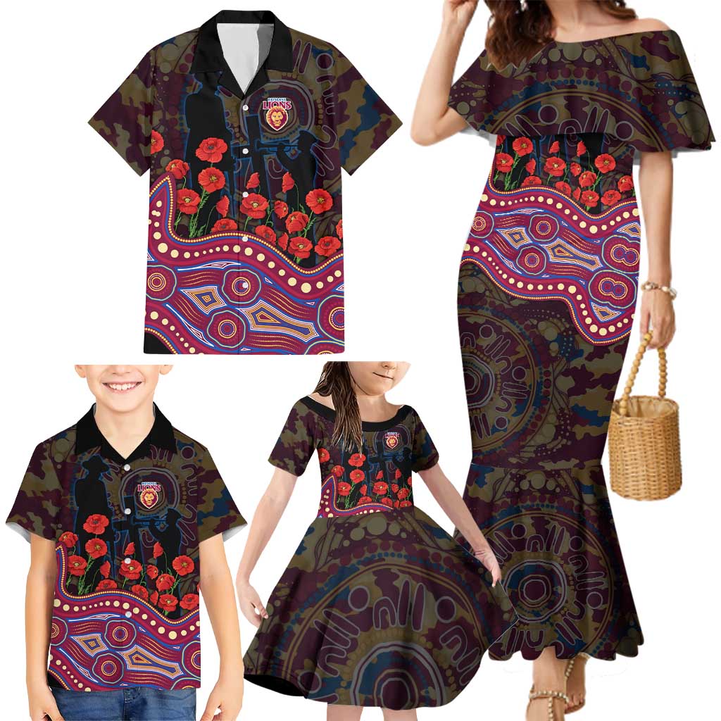 Brisbane Lions ANZAC Day Family Matching Mermaid Dress and Hawaiian Shirt Indigenous Dot Art with Poppy Flower Tribute
