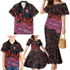 Brisbane Lions ANZAC Day Family Matching Mermaid Dress and Hawaiian Shirt Indigenous Dot Art with Poppy Flower Tribute