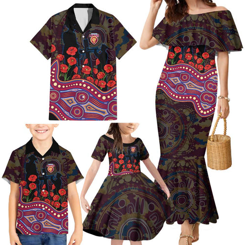 Brisbane Lions ANZAC Day Family Matching Mermaid Dress and Hawaiian Shirt Indigenous Dot Art with Poppy Flower Tribute