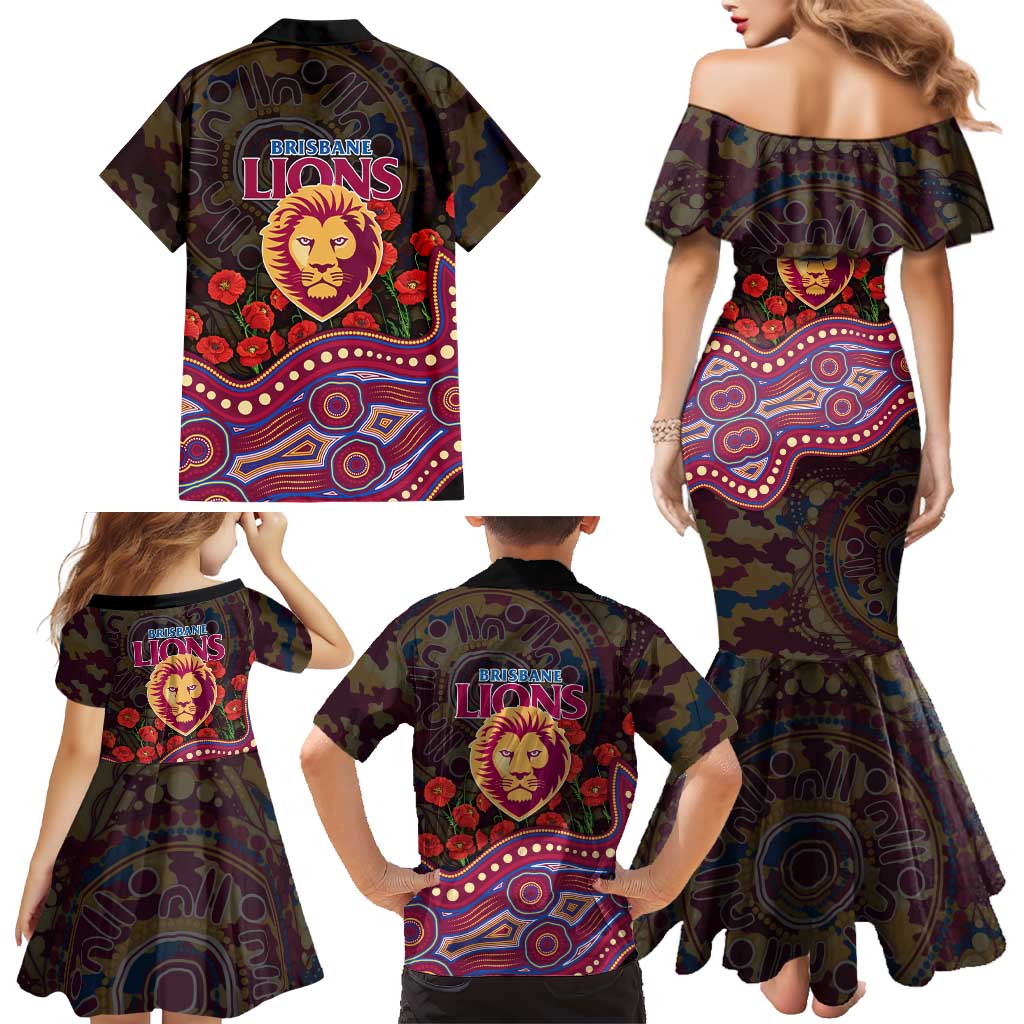Brisbane Lions ANZAC Day Family Matching Mermaid Dress and Hawaiian Shirt Indigenous Dot Art with Poppy Flower Tribute