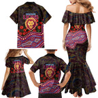 Brisbane Lions ANZAC Day Family Matching Mermaid Dress and Hawaiian Shirt Indigenous Dot Art with Poppy Flower Tribute