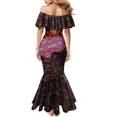 Brisbane Lions ANZAC Day Family Matching Mermaid Dress and Hawaiian Shirt Indigenous Dot Art with Poppy Flower Tribute