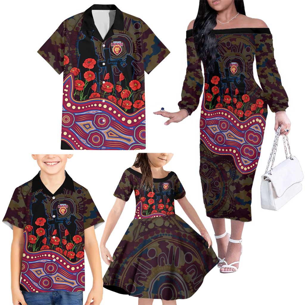 Brisbane Lions ANZAC Day Family Matching Off The Shoulder Long Sleeve Dress and Hawaiian Shirt Indigenous Dot Art with Poppy Flower Tribute