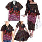 Brisbane Lions ANZAC Day Family Matching Off The Shoulder Long Sleeve Dress and Hawaiian Shirt Indigenous Dot Art with Poppy Flower Tribute
