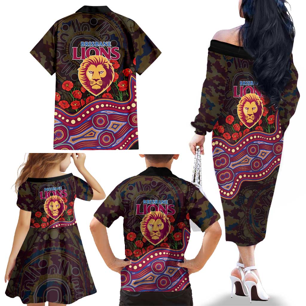 Brisbane Lions ANZAC Day Family Matching Off The Shoulder Long Sleeve Dress and Hawaiian Shirt Indigenous Dot Art with Poppy Flower Tribute