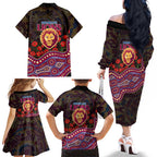 Brisbane Lions ANZAC Day Family Matching Off The Shoulder Long Sleeve Dress and Hawaiian Shirt Indigenous Dot Art with Poppy Flower Tribute