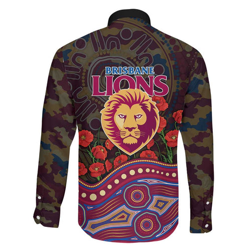 Brisbane Lions ANZAC Day Family Matching Off The Shoulder Long Sleeve Dress and Hawaiian Shirt Indigenous Dot Art with Poppy Flower Tribute