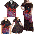 Brisbane Lions ANZAC Day Family Matching Off Shoulder Maxi Dress and Hawaiian Shirt Indigenous Dot Art with Poppy Flower Tribute