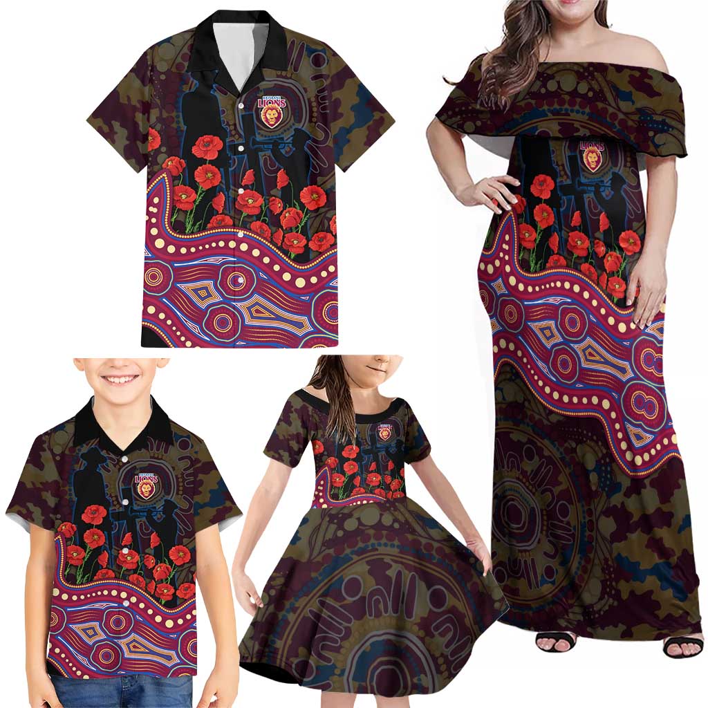 Brisbane Lions ANZAC Day Family Matching Off Shoulder Maxi Dress and Hawaiian Shirt Indigenous Dot Art with Poppy Flower Tribute