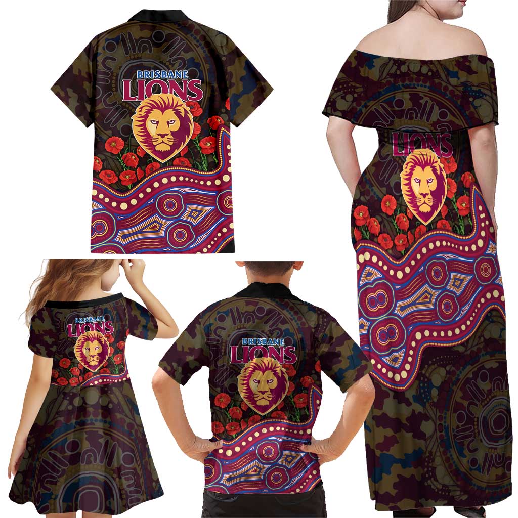 Brisbane Lions ANZAC Day Family Matching Off Shoulder Maxi Dress and Hawaiian Shirt Indigenous Dot Art with Poppy Flower Tribute