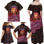 Brisbane Lions ANZAC Day Family Matching Off Shoulder Maxi Dress and Hawaiian Shirt Indigenous Dot Art with Poppy Flower Tribute