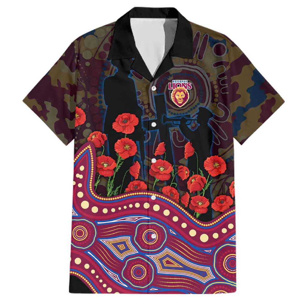Brisbane Lions ANZAC Day Family Matching Off Shoulder Maxi Dress and Hawaiian Shirt Indigenous Dot Art with Poppy Flower Tribute