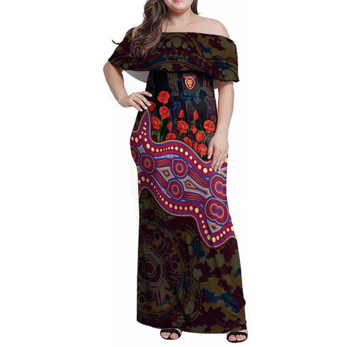 Brisbane Lions ANZAC Day Family Matching Off Shoulder Maxi Dress and Hawaiian Shirt Indigenous Dot Art with Poppy Flower Tribute