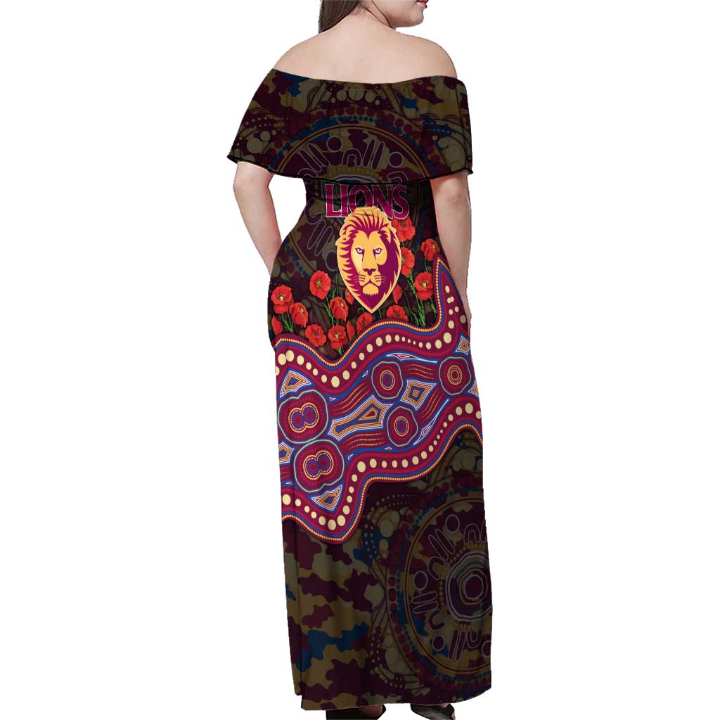 Brisbane Lions ANZAC Day Family Matching Off Shoulder Maxi Dress and Hawaiian Shirt Indigenous Dot Art with Poppy Flower Tribute