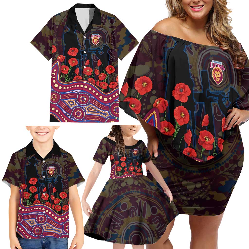 Brisbane Lions ANZAC Day Family Matching Off Shoulder Short Dress and Hawaiian Shirt Indigenous Dot Art with Poppy Flower Tribute
