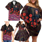 Brisbane Lions ANZAC Day Family Matching Off Shoulder Short Dress and Hawaiian Shirt Indigenous Dot Art with Poppy Flower Tribute