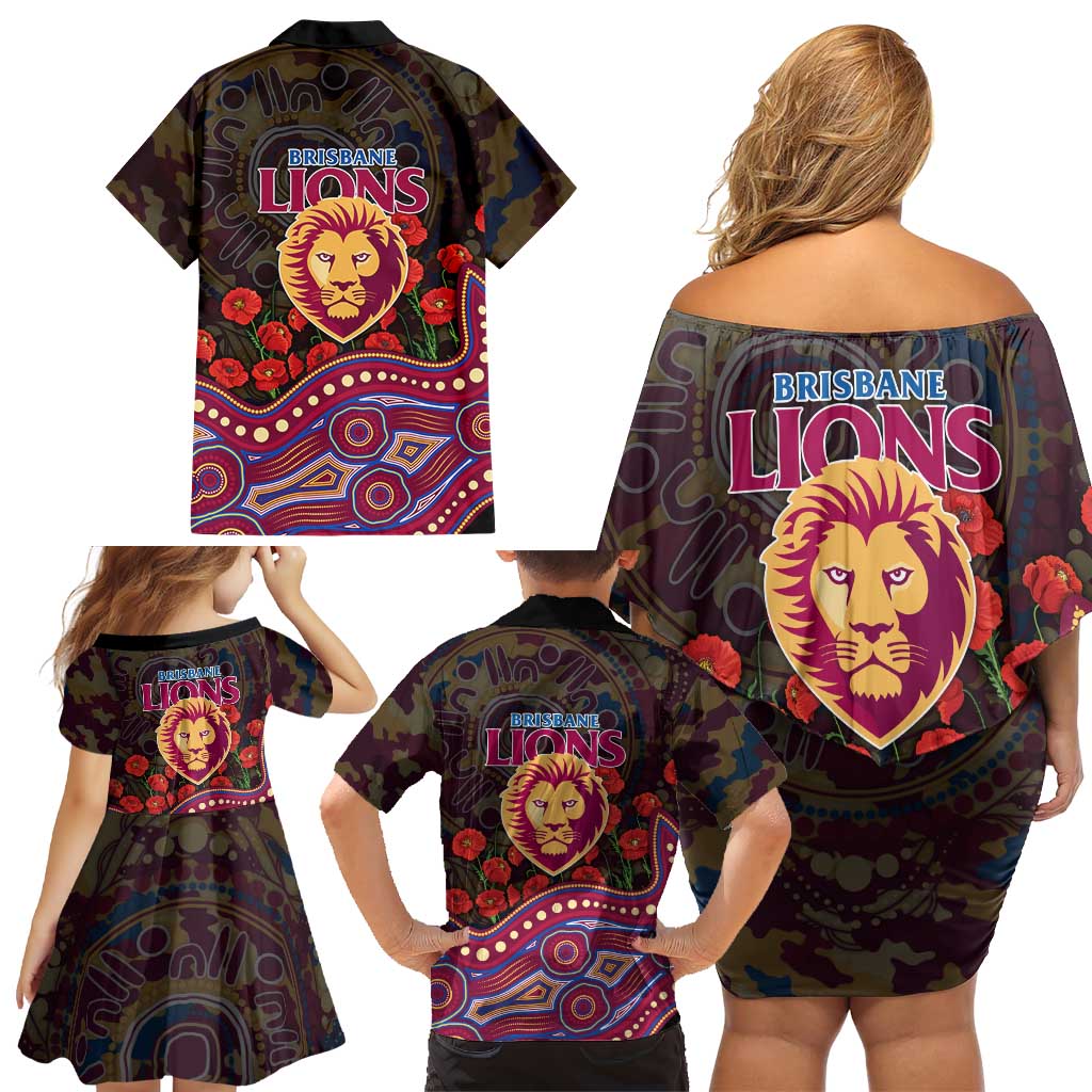 Brisbane Lions ANZAC Day Family Matching Off Shoulder Short Dress and Hawaiian Shirt Indigenous Dot Art with Poppy Flower Tribute