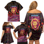 Brisbane Lions ANZAC Day Family Matching Off Shoulder Short Dress and Hawaiian Shirt Indigenous Dot Art with Poppy Flower Tribute